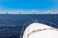 The Rio Antirrio Bridge or Charilaos Trikoupis Bridge, photo taken from the boat during summer holidays 2018 Royalty Free Stock Photo