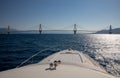 The Rio Antirrio Bridge or Charilaos Trikoupis Bridge, photo taken from the boat in summer morning. Royalty Free Stock Photo