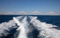 The Rio Antirrio Bridge or Charilaos Trikoupis Bridge, photo taken from the boat in summer morning.