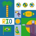 Rio, Brazil icon country flag, statue of Jesus the Redeemer, toucan, boat, ball, sun flat vector illustration. Olympic Royalty Free Stock Photo