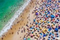Rio de Janeiro, Brazil, Aerial View of Copacabana Beach Showing Colourful Umbrellas and People Bathing in the Ocean