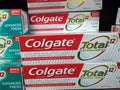 RIO DE JANEIRO, BRAZIL - DECEMBER 27, 2019: Colgate, a brand of oral care products on the supermarket shelf
