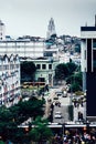 High perspective view of a row of famous yellow taxis in Rio de Janeiro