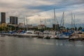 Rio de Janeiro, Brazil: Panoramic morning view of the beach and Botafogo cove with its buildings, boats and mountains in Rio de