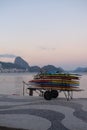 Rio de Janeiro, Brazil, skyline, Ipanema beach, sunset, Atlantic Ocean, surfing, surfboards Royalty Free Stock Photo