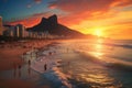 Rio de Janeiro, Brazil. Sunset at Copacabana beach, Ipanema beach in Rio de Janeiro on a gorgeous sunset, AI Generated