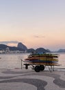 Rio de Janeiro, Brazil, skyline, Ipanema beach, sunset, Atlantic Ocean, surfing, surfboards Royalty Free Stock Photo