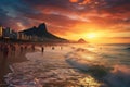 Rio de Janeiro, Brazil. View of Copacabana beach at sunset, Ipanema beach in Rio de Janeiro on a gorgeous sunset, AI Generated