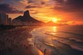 Rio de Janeiro, Brazil. View of the Rio de Janeiro beach at sunset, Ipanema beach in Rio de Janeiro on a gorgeous sunset, AI