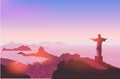 Rio de Janeiro skyline. Statue rises above the brazilian city. Sunset sky over Copacabana beach. Vector illustration