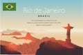 Rio de Janeiro skyline. Statue rises above the brazilian city. Sunset sky over Copacabana beach. Vector illustration