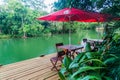 RIO DULCE, GUATEMALA - MARCH 10, 2016: Riverside terrace of Hotel Kangaroo near Rio Dulce river, Guatema