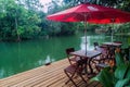 RIO DULCE, GUATEMALA - MARCH 10, 2016: Riverside terrace of Hotel Kangaroo near Rio Dulce river, Guatema