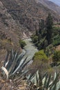 Rio Santa seen from the Guitarrero Cave, surrounded by plants and at noon. Royalty Free Stock Photo