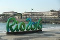 Rio 2016 sign at Copacabana Beach in Rio de Janeiro