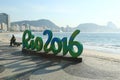 Rio 2016 sign at Copacabana Beach in Rio de Janeiro