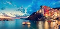 Riomaggiore in Cinque Terre, Italy panorama at night Royalty Free Stock Photo