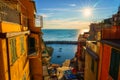 Riomaggiore city view, old village with colorful houses, sea and boats at sunset, Cinque Terre National Park, Liguria, Italy Royalty Free Stock Photo