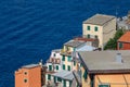 Ancient town of Riomaggiore overlooking the sea, a locality in the Cinque Terre area in Italy. Natural landscape, top view.