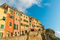 Riomaggiore, Liguria, Italy - October 05 2017: View of colorful building and houses in Riomaggiore, the fisherman village, in Royalty Free Stock Photo