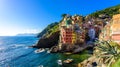 Riomaggiore - Village of Cinque Terre National Park at Coast of Italy. Beautiful colors at sunset. Province of La Spezia, Liguria Royalty Free Stock Photo