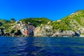 Riomaggiore - Village of Cinque Terre National Park at Coast of Italy. Beautiful colors at sunset. Province of La Spezia, Liguria Royalty Free Stock Photo