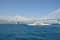 Rio Antirio bridge and ferry boat Royalty Free Stock Photo