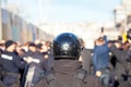 Riot police on duty during crowd protest or demonstration