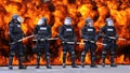Riot police and fire