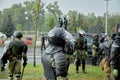 Riot police in full tactical gear ready to confront protesters in Belarus Royalty Free Stock Photo