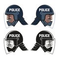 Riot police officer portrait, angry face, head in a helmet. Symbol of aggression and brutality.