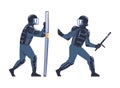 Riot Police Officer and Squad Member in Uniform and Helmet with Baton Fighting Vector Set