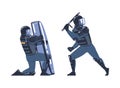 Riot Police Officer and Squad Member in Uniform and Helmet with Baton Fighting Vector Set