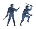 Riot Police Officer and Squad Member in Uniform and Helmet with Baton Fighting Vector Set