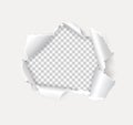 Rip open paper holes with torn edges, hole in wall. Realistic white page sheet with round crack or burst on transparent Royalty Free Stock Photo