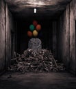 Rip room,pile of bones with grave stone and balloons