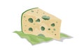 Ripe aged cheese with mold. Wedge of roquefort, gorgonzola, stilton served on green napkin.