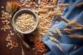 ripe almonds scattered around a bowl of wheat cereal