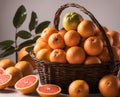 Ripe appetizing grapefruit fruits in an overflowing basket, AI