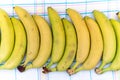 Ripe, appetizing, healthy, large, sweet bananas, neatly lined in a row on checkered tablecloth table on a light