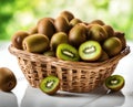 Ripe appetizing kiwi fruit in an overflowing basket, AI