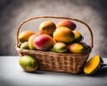 Ripe appetizing mango fruit in an overflowing basket, AI Royalty Free Stock Photo