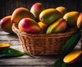 Ripe appetizing mango fruit in an overflowing basket, AI Royalty Free Stock Photo