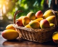Ripe appetizing mango fruit in an overflowing basket, AI Royalty Free Stock Photo