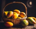 Ripe appetizing mango fruit in an overflowing basket, AI Royalty Free Stock Photo