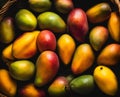 Ripe appetizing mango fruit in an overflowing basket, AI Royalty Free Stock Photo