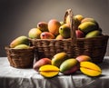Ripe appetizing mango fruit in an overflowing basket, AI Royalty Free Stock Photo