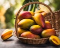 Ripe appetizing mango fruit in an overflowing basket, AI Royalty Free Stock Photo