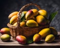 Ripe appetizing mango fruit in an overflowing basket, AI Royalty Free Stock Photo