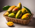 Ripe appetizing mango fruit in an overflowing basket, AI Royalty Free Stock Photo